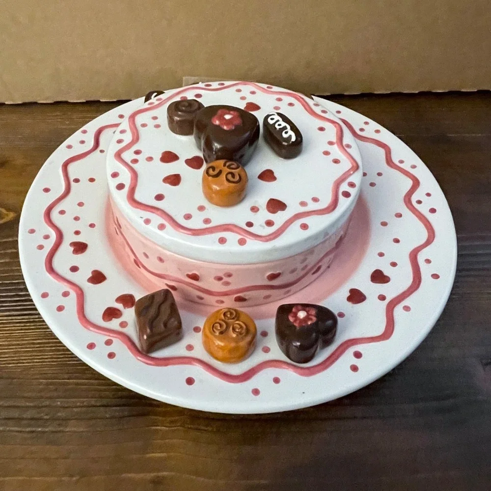 Vintage Valentines Ganz Porcelain Hearts Love Cake and Chocolates Jewelry Box